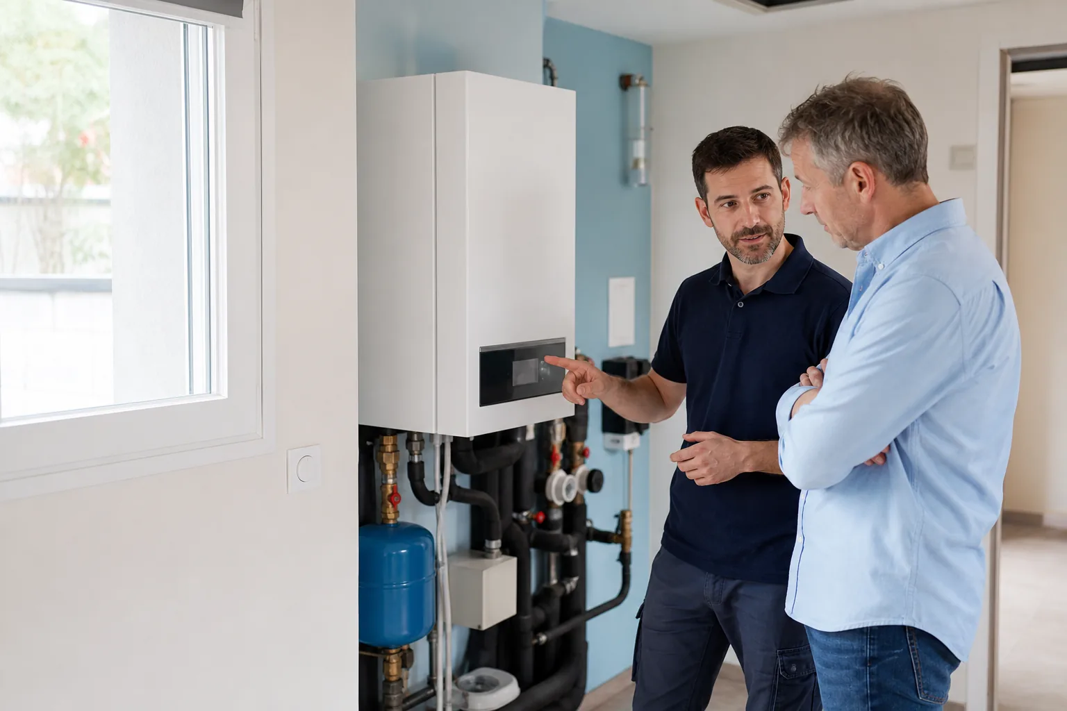 Technicien expliquant le fonctionnement d’une pompe à chaleur à un client