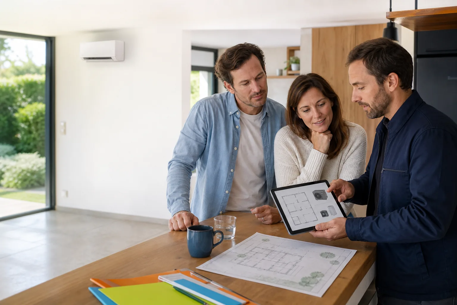 Couple préparant son projet de climatisation avec un conseiller My Home Energy