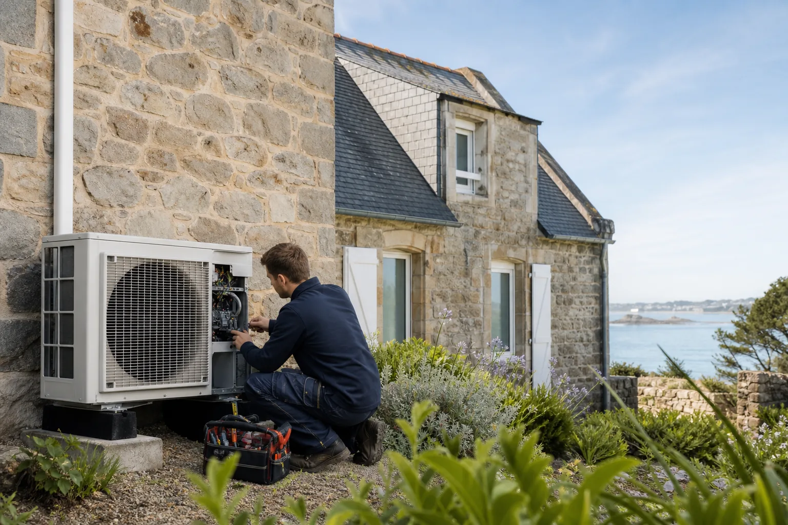 Technicien entretenant une pompe à chaleur devant une maison bretonne