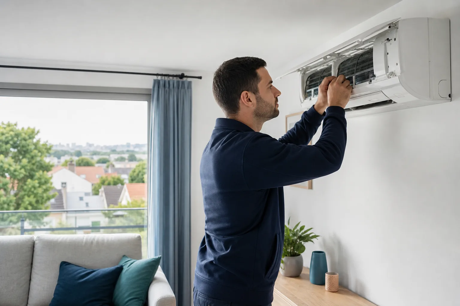 Technicien contrôlant une climatisation dans une maison en Île-de-France