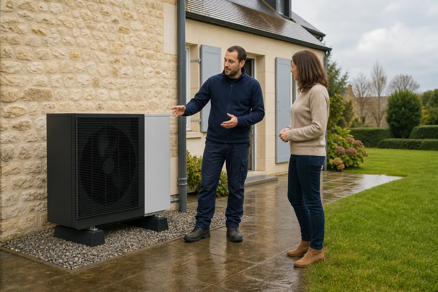 Technicien présentant une pompe à chaleur à une propriétaire en Normandie