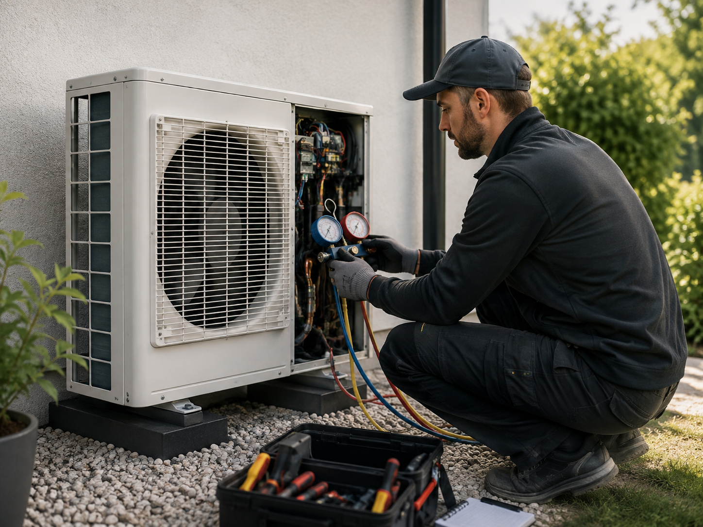 Technicien My Home Energy réalisant l’entretien d’une pompe à chaleur