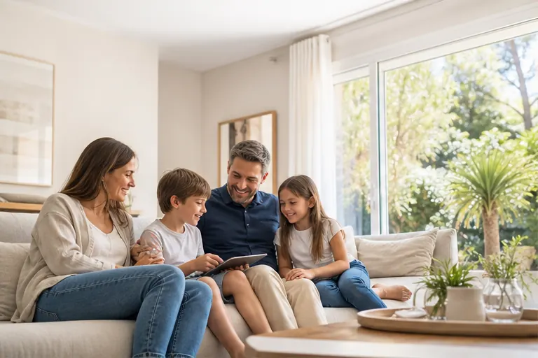 Famille réunie dans un salon lumineux et confortable