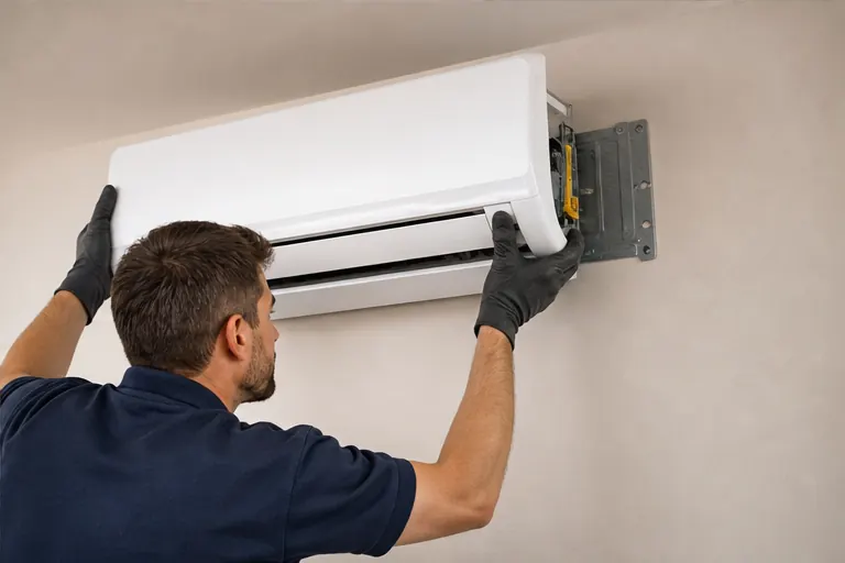 Technicien installant une unité intérieure de climatisation
