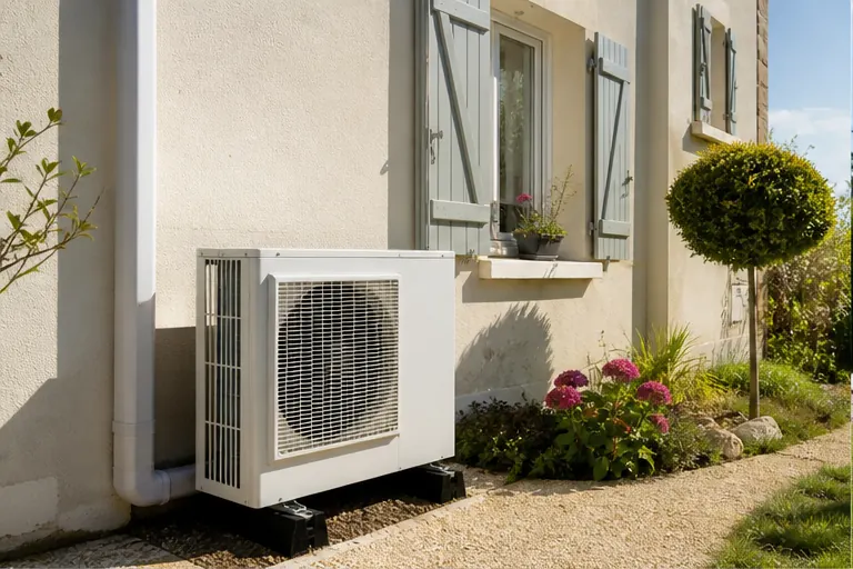 Groupe extérieur de climatisation installé près d’une maison