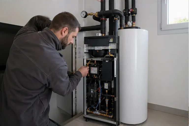 Technicien My Home Energy contrôlant le module intérieur d’une pompe à chaleur air eau