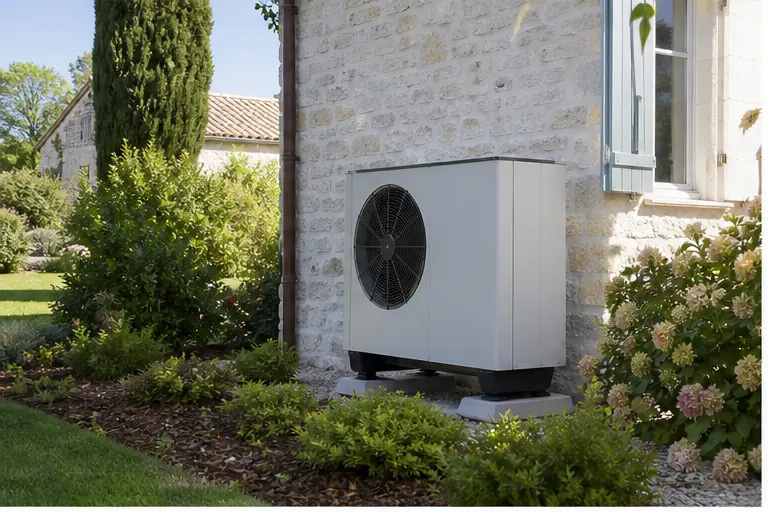 Pompe à chaleur discrètement intégrée dans un jardin