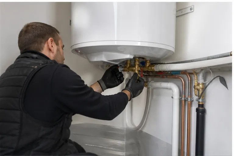 Technicien raccordant un chauffe-eau thermodynamique