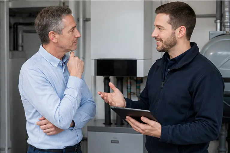Technicien My Home Energy expliquant son intervention à un client