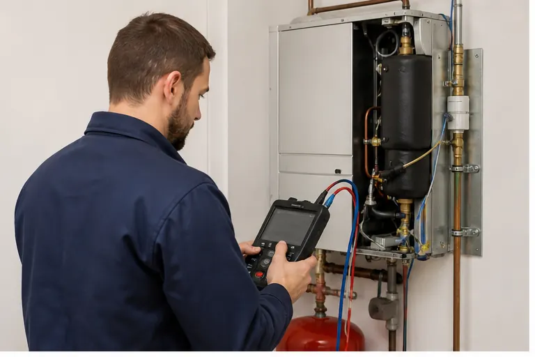 Technicien My Home Energy réalisant le diagnostic d’un équipement de chauffage