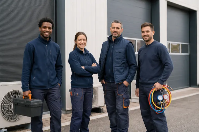 Équipe de techniciens spécialisés en climatisation et pompe à chaleur