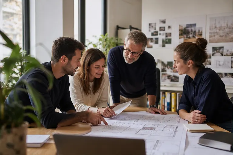 Équipe My Home Energy préparant un projet autour de plans techniques