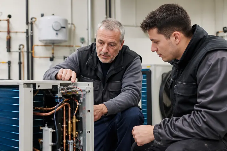 Technicien expérimenté accompagnant un jeune professionnel