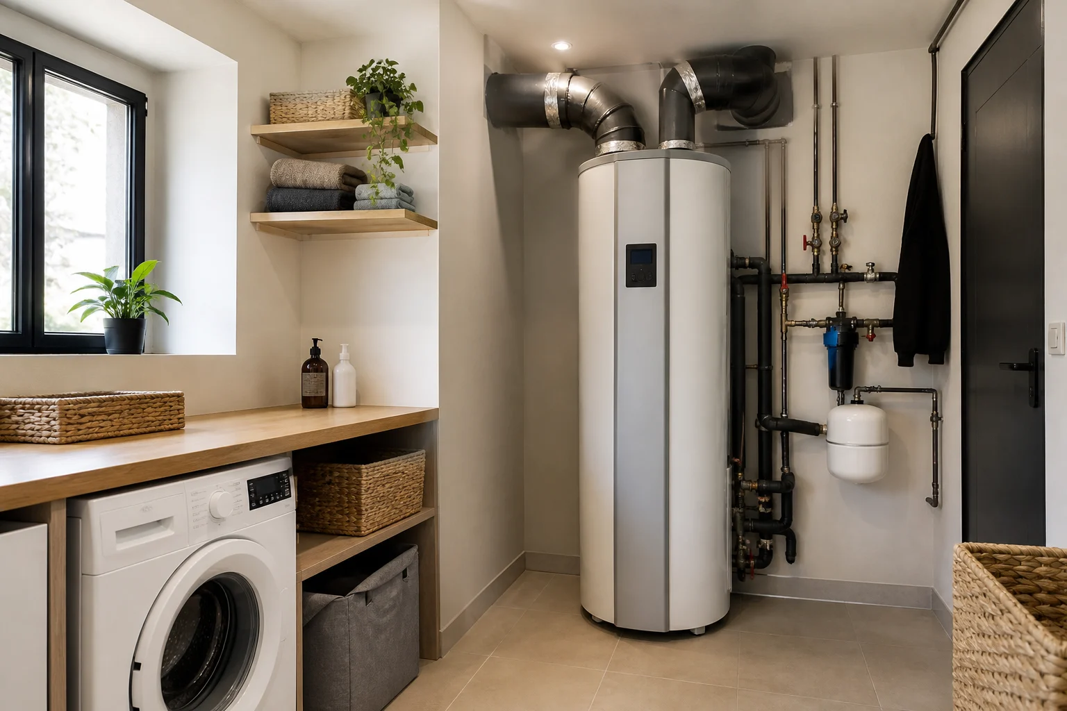Chauffe-eau thermodynamique installé dans une buanderie