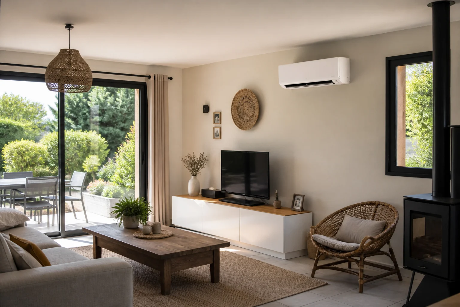 Climatisation réversible installée dans un salon lumineux