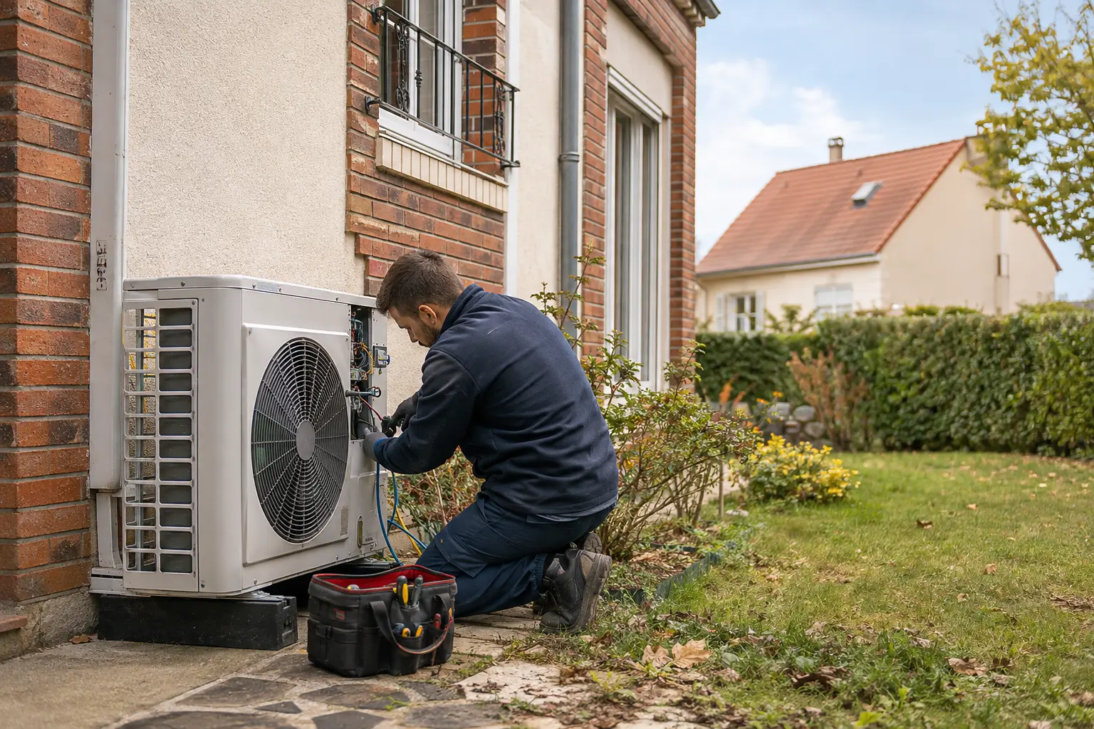 Technicien My Home Energy étudiant une pompe à chaleur en Île-de-France