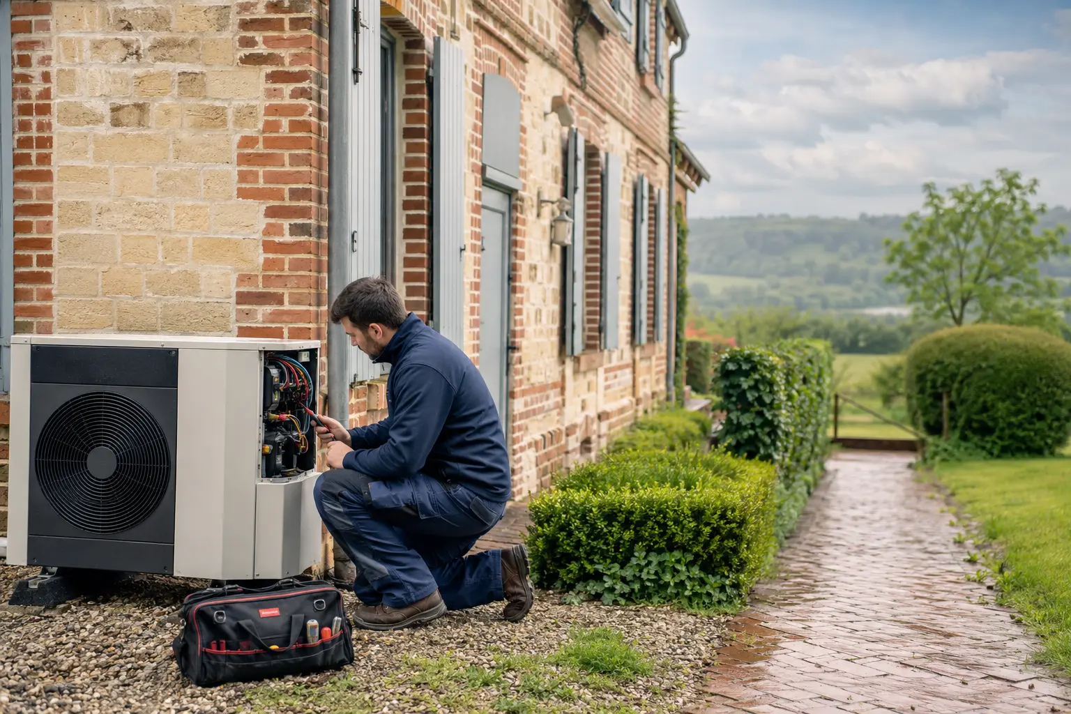 Technicien My Home Energy intervenant sur une pompe à chaleur en Normandie