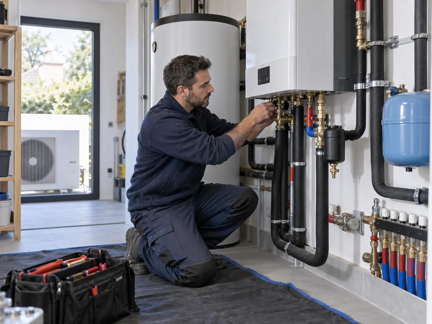 Technicien installant avec soin un équipement de chauffage
