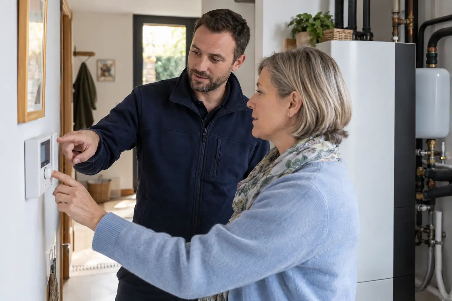 Technicien expliquant les réglages de chauffage à une cliente